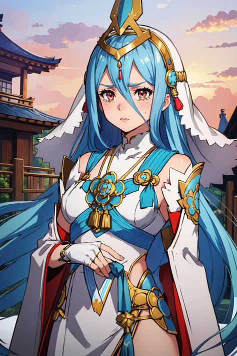 (Masterpiece), (top quality), Tomoe Gozen, red eyes, white chinese dress, sexy pose, detailed river in the background, precise hands, bright eyes
