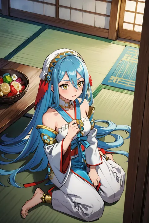 masterpiece, best quality, you_azura, barefoot, veil, jewelry, dress, anklet, pants, pendant, detached sleeves, white dress, ribbon, necklace, wariza, from above, confused, indoors, japanese architecture <lora:azura:0.8>