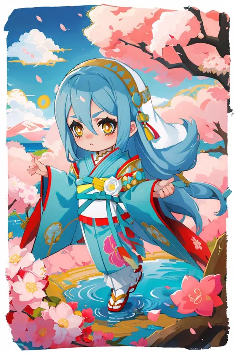 masterpiece, best quality, nw_azura, japanese clothes, kimono, obi, sash, wide sleeves, tabi, sandals, long sleeves, hairband, hair ornament, floral print, chibi, pond, cherry blossoms, pink theme, <lora:style_onmyoji-20:01> border <lora:azura:1>