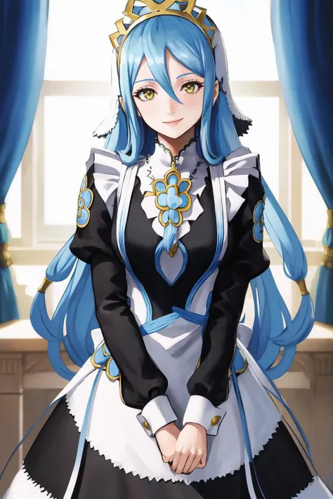 masterpiece, best quality, 1girl, solo, standing, smile, looking at viewer, <lora:azura:0.8> def_azura, <lora:FEFatesMaid_v1:1> fates maid, maid headdress, maid