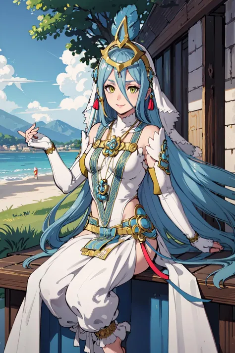 smile,<lora:azura:0.9>,leg_azura,hair ornament, feathers, headdress, barefoot, jewelry, gloves, dress, white pants, veil, anklet, fingerless gloves,elbow gloves, white dress,necklace, detached sleeves, pendant, ribbon,outdoor,(masterpiece, best quality, ultra-detailed, best shadow),