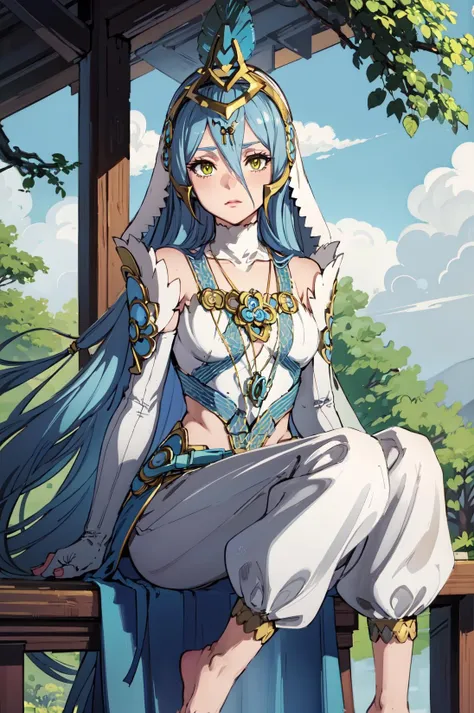 ,<lora:azura:1>,leg_azura,hair ornament, feathers, headdress, barefoot, jewelry, gloves, dress, white pants, veil, anklet, fingerless gloves,elbow gloves, white dress,necklace, detached sleeves, pendant, ribbon,outdoor,(masterpiece, best quality, ultra-detailed, best shadow),