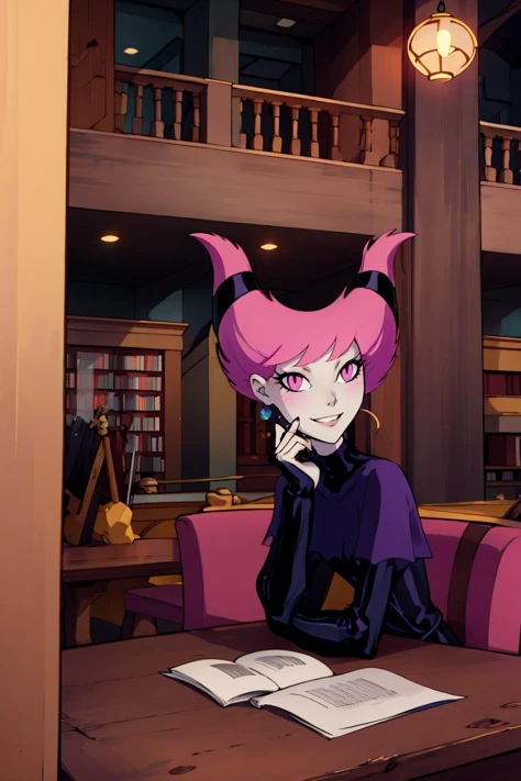 Anime girl sitting at a table with a book and a cell phone - SeaArt AI