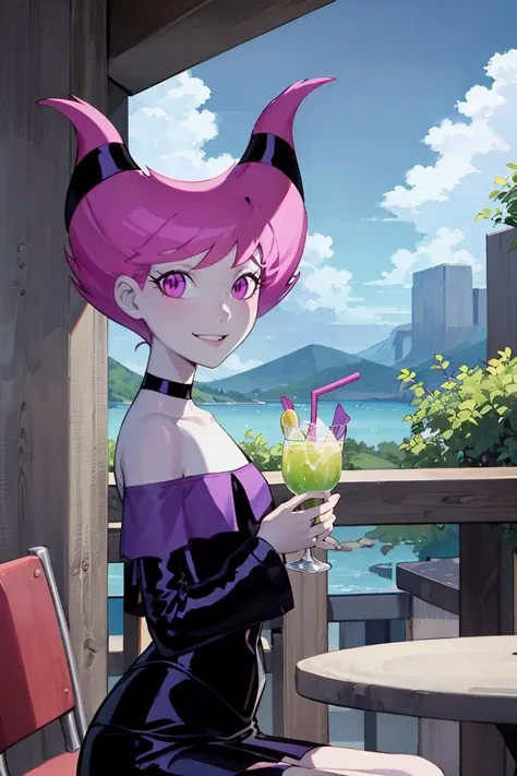 ((masterpiece,best quality)), absurdres, <lora:Jinx_TeenTitans:0.8>, Jinx_TeenTitans, 1girl, solo, pink eyes, pink hair, grey skin, hair up, pale skin, medium hair, hair horns, solo, smiling, looking at viewer, cowboy shot,sitting at table, vivid detailed tropical drink, two straws, white sundress, sun hat, flowing winds, sunny, outdoors, upper body,