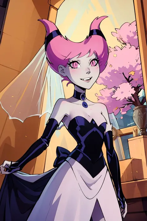 ((masterpiece,best quality)), absurdres, <lora:Jinx_TeenTitans:0.8>, Jinx_TeenTitans, 1girl, solo, pink eyes, pink hair, grey skin, hair up, pale skin, medium hair, hair horns, solo, smiling, looking at viewer, cowboy shot, bride, wedding dress, bridal veil, strapless dress, elbow gloves,