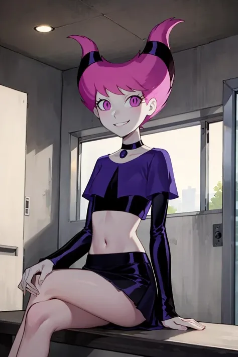 ((masterpiece,best quality)), absurdres, <lora:Jinx_TeenTitans:0.8>, Jinx_TeenTitans, 1girl, solo, pink eyes, pink hair, grey skin, hair up, pale skin, medium hair, hair horns, solo, smiling, looking at viewer, cowboy shot, cheerleader, crop top, midriff, miniskirt, locker room, locker, indoors, bench, sitting, crossed legs