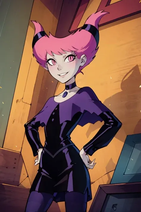 ((masterpiece,best quality)), absurdres, <lora:Jinx_TeenTitans:0.8>, Jinx_TeenTitans, 1girl, curvy, hand on hip, contrapposto, solo, pink eyes, pink hair, grey skin, hair up, pale skin, medium hair, hair horns, choker, striped pantyhose, capelet, black dress, jewelry, solo, smiling, looking at viewer, cowboy shot,
