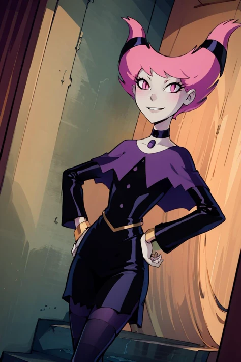 ((masterpiece,best quality)), absurdres, <lora:Jinx_TeenTitans:0.8>, Jinx_TeenTitans,   1girl, curvy, hand on hip, contrapposto, solo, pink eyes, pink hair, grey skin, hair up, pale skin, medium hair, hair horns, choker, striped pantyhose, capelet, black dress, jewelry,  solo, smiling, looking at viewer, dynamic pose