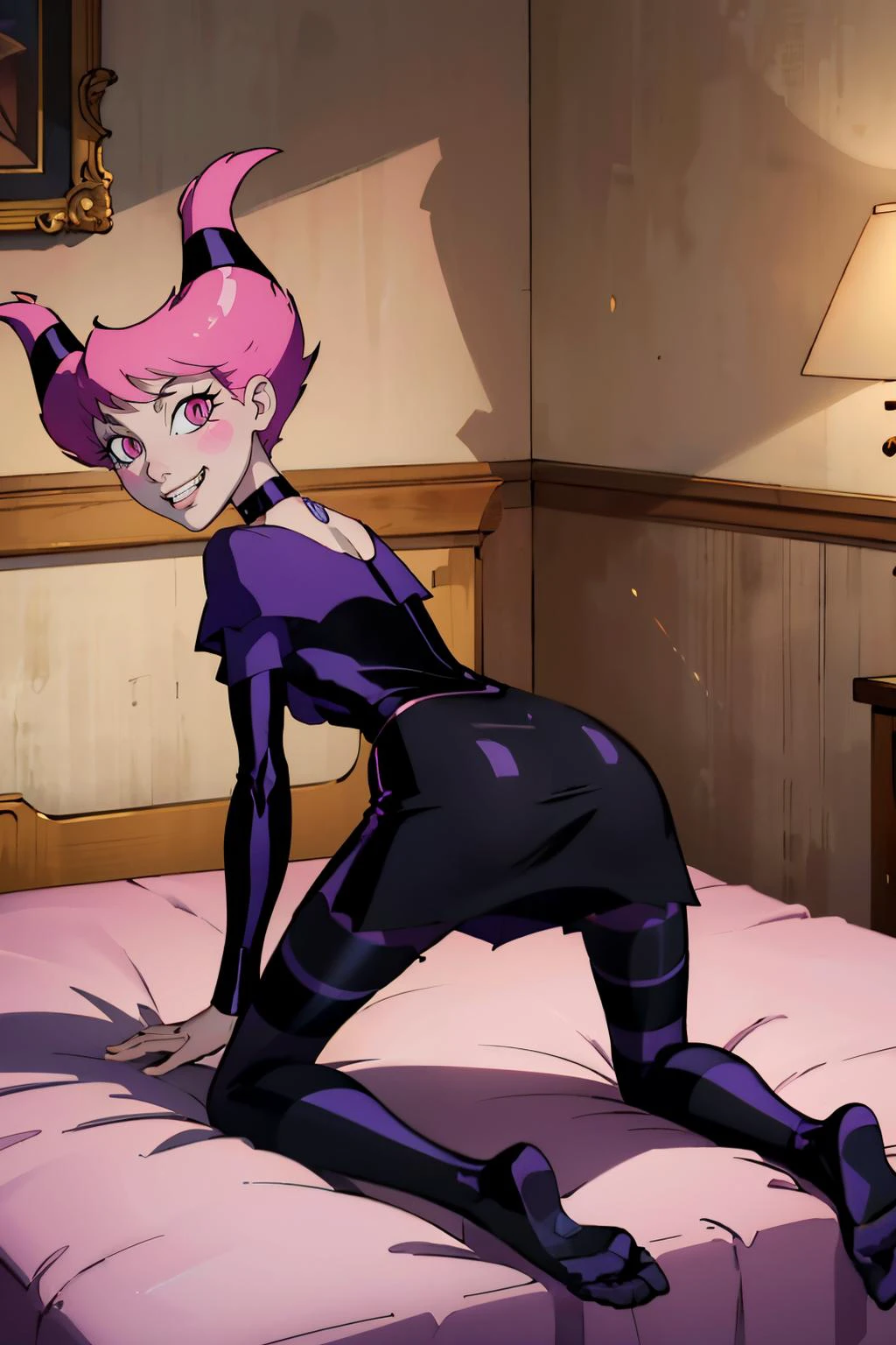 Jinx_Titans, pink eyes, pink hair horns, grey skin, choker, black dress, striped pantyhose, jewelry, looking at viewer, seductive smile, teeth, kneeling, on bed, from_behind, on all fours, playful ambiance, high quality, masterpiece, <lora:Jinx_Teenns:.7>