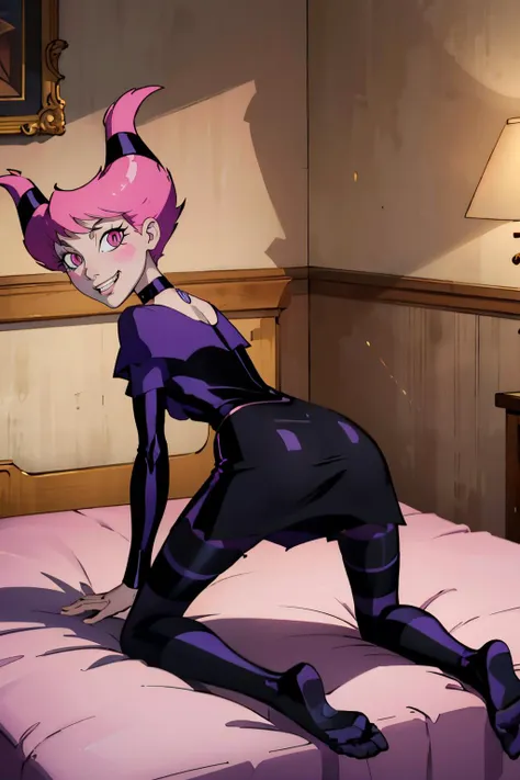 Jinx_TeenTitans, pink eyes, pink hair horns, grey skin, choker,  black dress, striped pantyhose,  jewelry, looking at viewer, seductive smile, teeth, kneeling, on bed, from_behind, on all fours, playful ambiance, high quality, masterpiece, <lora:Jinx_TeenTitans:.7>