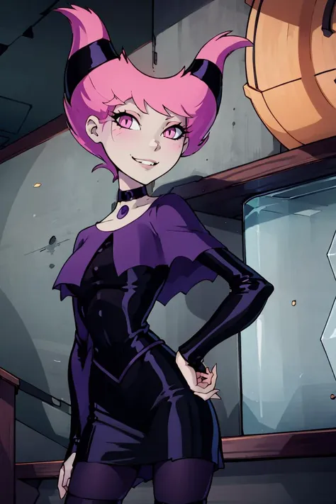 ((masterpiece,best quality)), absurdres, <lora:Jinx_TeenTitans:0.8>, Jinx_TeenTitans, 1girl, curvy, big breasts, wide hips, hand on hip, contrapposto, solo, pink eyes, pink hair, grey skin, hair up, pale skin, medium hair, hair horns, choker, striped pantyhose, capelet, black dress, jewelry, solo, smiling, looking at viewer, upper body