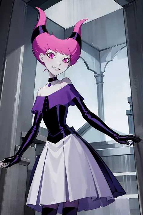 ((masterpiece,best quality)), absurdres, <lora:Jinx_TeenTitans:0.8>, Jinx_TeenTitans,   1girl, solo, pink eyes, pink hair, grey skin, hair up, pale skin, medium hair, hair horns, solo, smiling, looking at viewer, cowboy shot,  bride, wedding dress, bridal veil, strapless dress, elbow gloves,