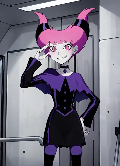 ((best quality)), ((highly detailed)), absurdres, extremely detailed face, beautiful face, (detailed eyes, deep eyes), (1girl), contrapposto pose, hands in hair, <lora:Jinx_TeenTitans:.8>, Jinx_TeenTitans, medium hair, pink hair, hair up, hair horns, pink eyes, <lora:slit-pupils:1>, snake eyes, pale skin, grey skin, grin, choker, jewelry, black dress, long sleeves, collarbone, capelet, striped pantyhose, ((striped legwear)), (inside, in a hospital)