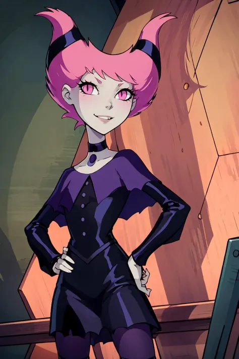((masterpiece,best quality)), absurdres, <lora:Jinx_TeenTitans:0.8>, Jinx_TeenTitans, 1girl, hand on hip, contrapposto, solo, pink eyes, pink hair, grey skin, hair up, pale skin, medium hair, hair horns, choker, striped pantyhose, capelet, black dress, jewelry, solo, smiling, looking at viewer, cowboy shot,
