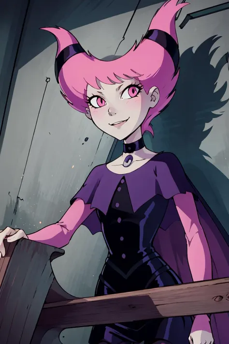 ((masterpiece,best quality)), absurdres, <lora:Jinx_TeenTitans:0.8>, Jinx_TeenTitans, 1girl, solo, pink eyes, pink hair, grey skin, hair up, pale skin, medium hair, hair horns, choker, striped pantyhose, capelet, black dress, jewelry, solo, smiling, looking at viewer, upper body