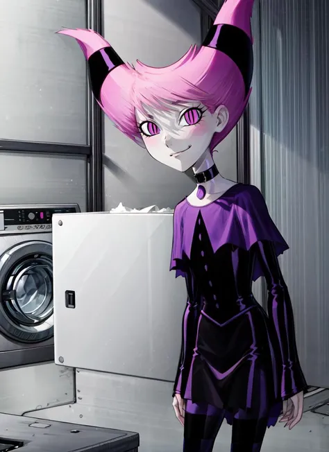 ((best quality)), ((highly detailed)), absurdres, extremely detailed face, beautiful face, (detailed eyes, deep eyes), <lora:more_details:.6>, (1girl), looking straight at the camera, <lora:hairdetailer:.8>, <lora:Jinx_TeenTitans:.8>, Jinx_TeenTitans, medium hair, pink hair, hair up, hair horns, pink eyes, <lora:slit-pupils:1>, snake eyes, pale skin, grey skin, smirk, choker, jewelry, black dress, long sleeves, collarbone, capelet, striped pantyhose, ((striped legwear)), (inside, at a laundryroom)