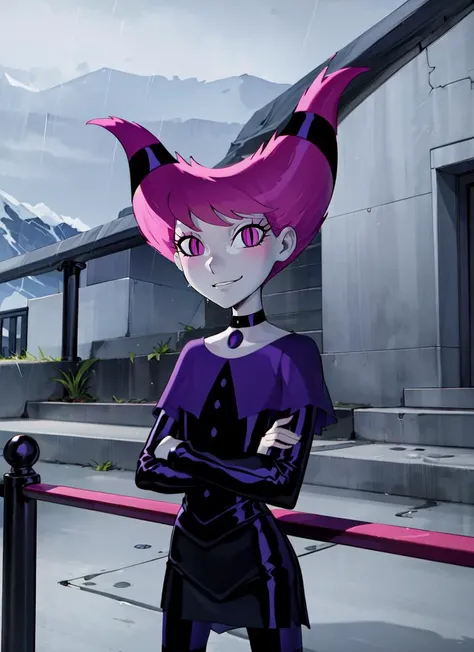 ((best quality)), ((highly detailed)), absurdres, detailed face, beautiful face, (detailed eyes, deep eyes), <lora:more_details:.3>, (1girl), crossed arms, <lora:Jinx_TeenTitans:.8>, Jinx_TeenTitans, medium hair, pink hair, hair up, hair horns, pink eyes, <lora:slit-pupils:1>, snake eyes, pale skin, grey skin, smirk, choker, jewelry, black dress, long sleeves, collarbone, capelet, striped pantyhose, ((striped legwear)), (outdoors, at a glacier, midday, rain)