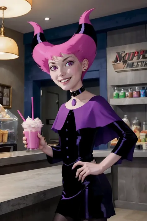 EPpkJessie, long purple hair, hair slicked back,earrings,blue eyes,blue turtleneck dress, thigh highs, looking at viewer, serious, smiling, standing, holding large milkshake, inside diner, counter, high quality, masterpiece <lora:EPpkJessie:.8>