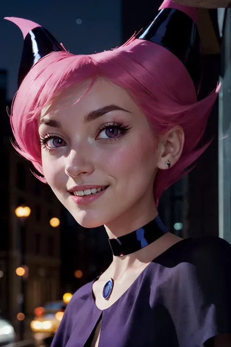 Jinx_TeenTitans, pink eyes, pink hair horns, grey skin, choker,capelet, black dress, jewelry, looking at viewer, smiling, close up, outside, cityscape, bokeh, night time, high quality, masterpiece, <lora:Jinx_TeenTitans:.7>