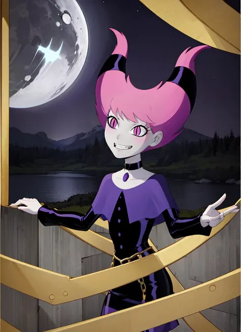 ((best quality)), ((highly detailed)), absurdres, detailed face, beautiful face, (detailed eyes, deep eyes), (1girl), upper body, <lora:hairdetailer:.5>, <lora:Jinx_TeenTitans:.8>, Jinx_TeenTitans, medium hair, pink hair, hair up, hair horns, pink eyes, <lora:slit-pupils:1>, snake eyes, pale skin, grey skin, grin, choker, jewelry, black dress, long sleeves, collarbone, capelet, striped pantyhose, ((striped legwear)), (outdoors, at the tundra, aurora, midnight, night sky, stars, moonbeam, storm)