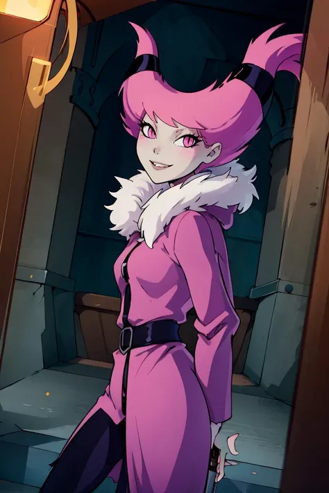 ((masterpiece,best quality)), absurdres, <lora:Jinx_TeenTitans:0.8>, Jinx_TeenTitans,   1girl, solo, pink eyes, pink hair, grey skin, hair up, pale skin, medium hair, hair horns, solo, smiling, looking at viewer, cowboy shot, (fur coat:1.5), cowboy shot,