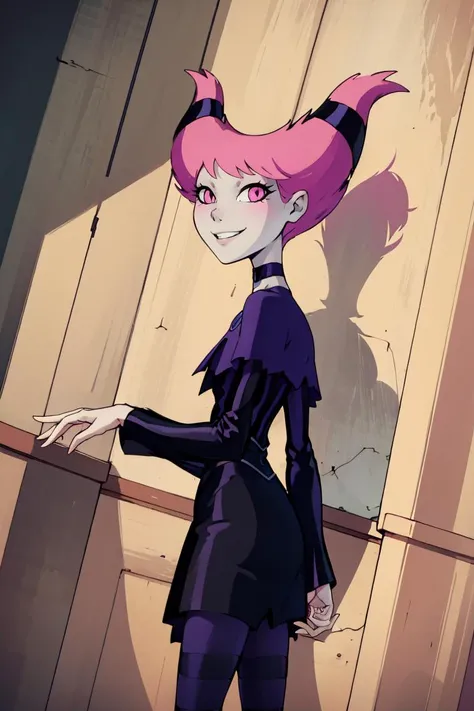 ((masterpiece,best quality)), absurdres, <lora:Jinx_TeenTitans:0.8>, Jinx_TeenTitans, 1girl, solo, pink eyes, pink hair, grey skin, hair up, pale skin, medium hair, hair horns, choker, striped pantyhose, capelet, black dress, jewelry, solo, smiling, looking at viewer, side view,