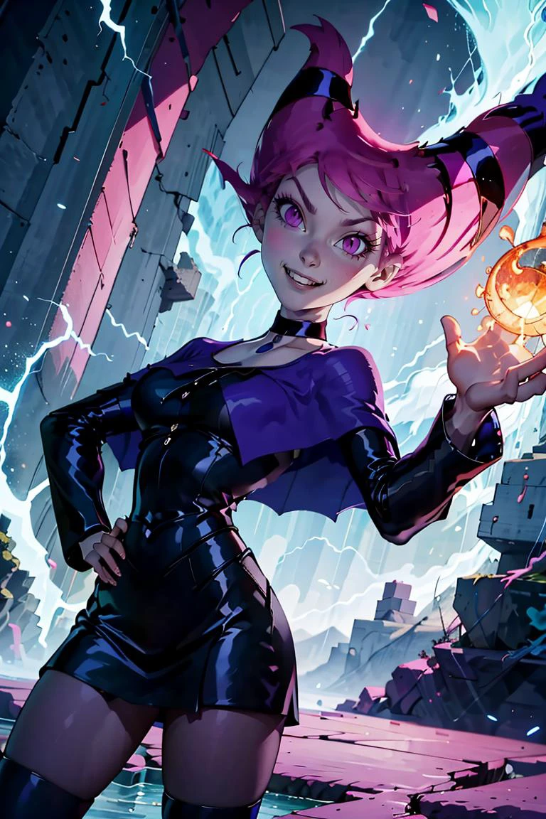 ((masterpiece,best quality)), absurdres, <lora:Aura_v1:0.4>, Aura, energy, glowing,swirling energy, dynamic pose, <lora:Jinx_Titans:0.8>, Jinx_Teenns, pink magic, 1girl, curvy, big breasts, wide hips, hand on hip, contrapposto, solo, pink eyes, pink hair, grey skin, hair up, pale skin, medium hair, hair horns, choker, striped pantyhose, capelet, black dress, jewelry, solo, smiling, looking at viewer, dynamic pose