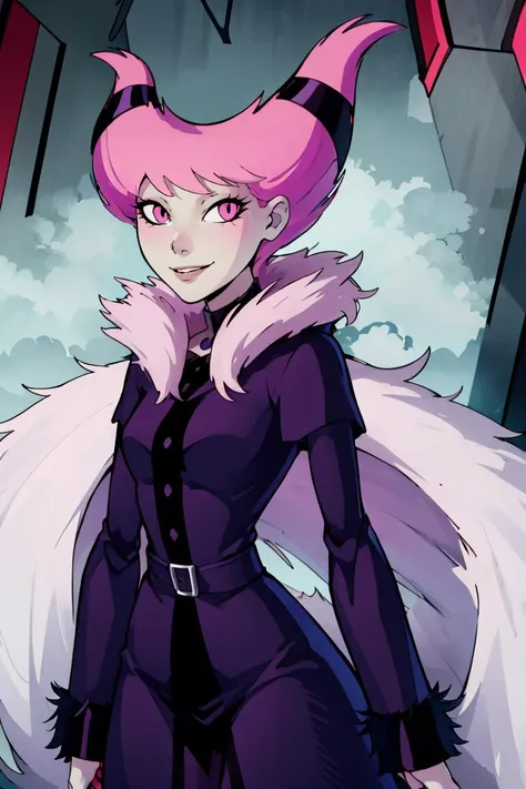 ((masterpiece,best quality)), absurdres, <lora:Jinx_TeenTitans:0.8>, Jinx_TeenTitans, 1girl, solo, pink eyes, pink hair, grey skin, hair up, pale skin, medium hair, hair horns, solo, smiling, looking at viewer, cowboy shot, (fur coat:1.5), cowboy shot,