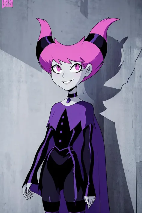<lora:Bigdead_Style_Dim32:0.8>,((masterpiece,best quality)), absurdres, <lora:Jinx_TeenTitans:0.8>, Jinx_TeenTitans, 1girl, solo, pink eyes, pink hair, grey skin, hair up, pale skin, medium hair, hair horns, choker, striped pantyhose, capelet, black dress, jewelry, solo, smiling, looking at viewer, cowboy shot,
