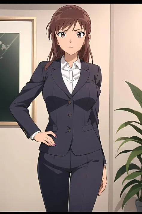 ((masterpiece)),((best quality)),ultra-detailed,illustratio,Explicit,nsfw,Beautiful body,Beautiful Nose,Beautiful character design,perfect eyes,perfect face,wallpaper,ultra highres,
4K,photography,(Beautiful, normal breasts:1.5),(beautiful face:1.2),(beautiful legs, perfect legs),(meitantei conan \(style\), detecive conan \(style\), meitantei conan),
shiny skin,anime screencap,official style,Sakurako Yonehara,1girl, solo, breasts, brown eyes, formal, long hair, suit, jewelry, brown hair, ring, pant suit, hand on hip, office lady, flower, pants, looking at viewer, letterboxed, wedding ring, shirt, plant, jacket, potted plant, blinds, blue nails, mature female, vase, white shirt, dress shirt, business suit, window, nail polish, cowboy shot, blazer, standing, indoors,<lora:Sakurako Yonehara:0.7>