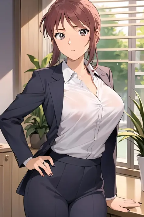 ((masterpiece)),((best quality)),ultra-detailed,illustratio,Explicit,nsfw,Beautiful body,Beautiful Nose,Beautiful character design,perfect eyes,perfect face,wallpaper,ultra highres,
4K,photography,(Beautiful, normal breasts:1.5),(beautiful face:1.2),(beautiful legs, perfect legs),(meitantei conan \(style\), detecive conan \(style\), meitantei conan),
shiny skin,anime screencap,official style,Sakurako Yonehara,1girl, solo, breasts, brown eyes, formal, long hair, suit, jewelry, brown hair, ring, pant suit, hand on hip, office lady, flower, pants, looking at viewer, letterboxed, wedding ring, shirt, plant, jacket, potted plant, blinds, blue nails, mature female, vase, white shirt, dress shirt, business suit, window, nail polish, cowboy shot, blazer, standing, indoors,<lora:Sakurako Yonehara:0.7>