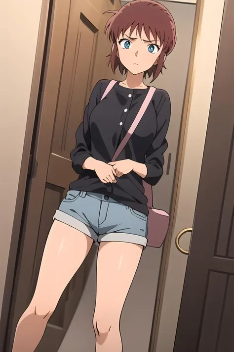 ((masterpiece)),((best quality)),ultra-detailed,illustratio,Explicit,nsfw,Beautiful body,Beautiful Nose,Beautiful character design,perfect eyes,perfect face,wallpaper,ultra highres,
4K,photography,(Beautiful, large breasts:1.2),(beautiful face:1.2),(beautiful legs, perfect legs),(meitantei conan \(style\), detecive conan \(style\), meitantei conan),
shiny skin,anime screencap,official style,Sakurako Yonehara,1girl, solo, short hair, brown hair, looking at viewer, sweatdrop, indoors, retro artstyle, bag, closed mouth, frown, hallway, ceiling, grey eyes, 1990s (style), blue eyes, buttons, red hair, shirt, bangs, long sleeves, shoulder bag, door, anime coloring, expressionless,night,evening,street,outdoor, <lora:Sakurako Yonehara:0.7>
