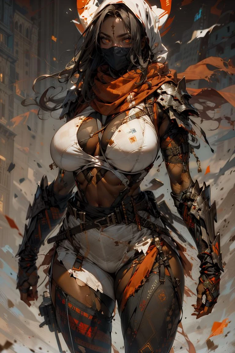 (forrest), perfect lighting, <lora:sxz-niji-v2:0.4>, <lora:land-style-shinobi-darquelilly-v1:1>,1girl, landstyleshinobi, ((dark skin)), belt, weapon, shoulder armor, scarf, torn clothes, gauntlets, orange eyes, (huge breasts:1.5), perfect ass, red eyes, thick thighs, in newyork