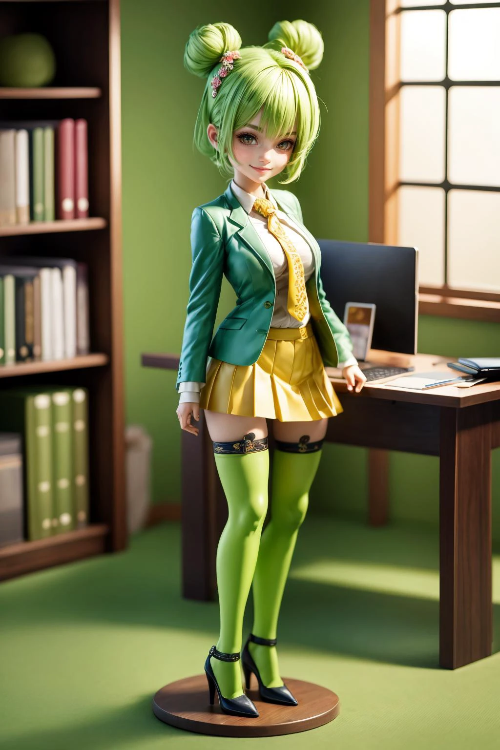 (masterpiece),(best quality),high-res,fantasy,sfw,kawaii,1girl,green yellow hair,double bun ,shirt,suit,skirt_suit,stockings,high heels,hdr,<lora:add_detail:0.7>,<lora:doa_fiona:0.8> fiona,<lora:blindbox_v1_mix:0.8>,full body,chibi,room desktop,notebook,desk,