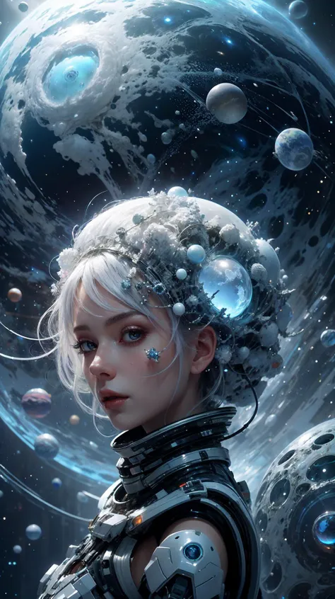 1girl, cosmic, dress, glass, <lora:Hellasthetic v2:0.9>, sphere, 1girl, silver, fractal_art, Space-time distortion, Horizon, Colony, backlighting, elegant, Glowing white hair, planet generator, High ceiling, Ice Planet, Planet Collision, white tree, blizzard crystal,