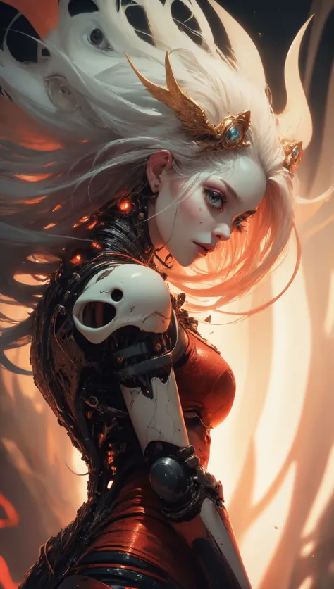 a woman with white hair and a red dress holding a white skull