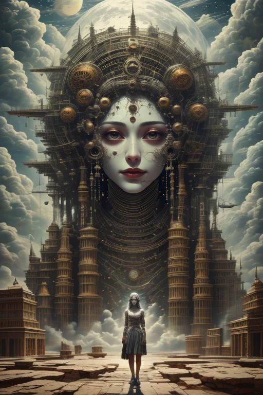at distance,(fullbody:1.2),posing,flirting,(playful gaze, smirking,radiant smile:1.1),1girl,moon surface,<lora:not-the-true-world-sd15_r1:1>,<lora:Concept_-_Hella-sthetic_v2:0.7>,gaint stone statue of ancient goddess,towering to the clouds,above buildings,, intricate, elegant, highly detailed, symmetry, magical atmosphere, sharp focus, majestic, very coherent, radiant, advanced, cinematic, artistic, fine detail, winning, beautiful, stunning, dramatic light, designed, rich deep colors, perfect professional background, ambient, tailored set composition