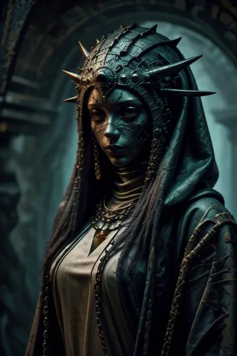 1girl,cowboy shot,at distance,<lora:dungeon v1:0.7>,dungeon-background,dungeon,underground,stone wall,moss,<lora:cultiste:0.7>,cloak,hood up,robe,jewelry,chain,spike,<lora:Concept_-_Hella-sthetic_v2:0.7>,ceramic mask,, intricate, elegant, highly detailed, symmetry, magical atmosphere, sharp focus, majestic, very coherent, radiant, advanced, cinematic, artistic, fine detail, winning, beautiful, stunning, dramatic light, designed, rich deep colors, perfect professional background, ambient, tailored set composition