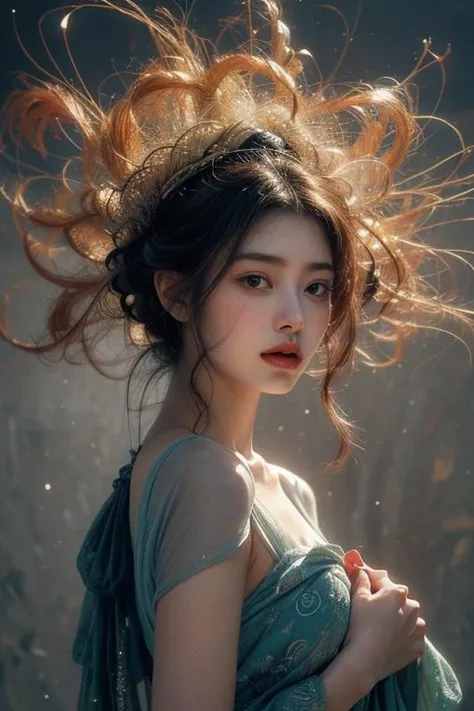 (NSFW:1),big breast, In an enchanting setting, an oil painting (1.5) captures a dynamic scene, where a confident girl (1girl) leans against a dreamy background infused with elements of Chinese aesthetics. The backdrop, adorned with mesmerizing Ambilight colors, exudes a touch of China's charm. The dynamic brushwork (1.5) brings her form to life, while the double-exposure background weaves an ethereal atmosphere. Vivid splashes and lively brushstrokes add an artistic flair.
Limited colors burst forth on an ultra-detailed 8k unity wallpaper, seamlessly incorporating elements of Chinese culture, complemented by zentangle and mandala motifs that blend harmoniously with fractal art (1.3). The dynamic angle presents an elegant dance of chaos against a dreamlike atmospheric brutalist design background.
Beautiful lighting among background, Floating colorful sparkles (1) illuminate her glowing skin against the cosmic backdrop, creating a tranquil mosaic reminiscent of blue and green jellyfish (1.4) amidst the photorealistic (1.4) depths.
<lora:anxiang:0.31><lora:GPTS6:0.5> <lora:add_detail:1>