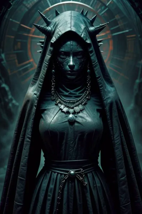 1girl,at distance,<lora:dungeon v1:0.7>,dungeon-background,dungeon,underground,stone wall,moss,<lora:cultiste:0.7>,cloak,hood up,robe,jewelry,chain,spike,<lora:Concept_-_Hella-sthetic_v2:0.7>,ceramic mask,the full and whole body,full length shot,, intricate, elegant, highly detailed, symmetry, magical atmosphere, sharp focus, majestic, very coherent, radiant, advanced, cinematic, artistic, fine detail, winning, beautiful, stunning, dramatic light, designed, rich deep colors, perfect professional background, ambient, tailored set composition