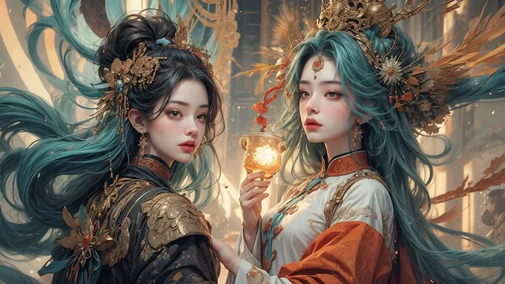 two women in oriental clothing holding a flower in their hands