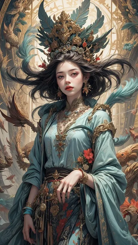 (NSFW:1)single girl with single face, In an enchanting setting, an oil painting (1.5) captures a dynamic scene, where a confident girl (1girl) leans against a dreamy background infused with elements of Chinese aesthetics. The backdrop, adorned with mesmerizing Ambilight colors, exudes a touch of China's charm. The dynamic brushwork (1.5) brings her form to life, while the double-exposure background weaves an ethereal atmosphere. Vivid splashes and lively brushstrokes add an artistic flair.
Limited colors burst forth on an ultra-detailed 8k unity wallpaper, seamlessly incorporating elements of Chinese culture, complemented by zentangle and mandala motifs that blend harmoniously with fractal art (1.3). The dynamic angle presents an elegant dance of chaos against a dreamlike atmospheric brutalist design background.
A symphony of renowned artists like James Jean, Roby Dwi Antono, and Ross Tran contributes to an ecstatic musical notes ambiance. Floating colorful sparkles (1) illuminate her glowing skin against the cosmic backdrop, creating a tranquil mosaic reminiscent of blue and green jellyfish (1.4) amidst the photorealistic (1.4) depths.
<lora:anxiang:0.31><lora:GPTS6:0.5>  <lora:add_detail:1>