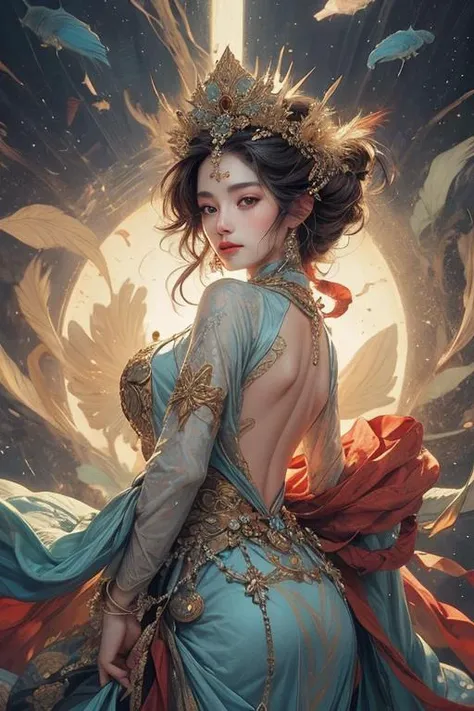 (NSFW:1)In an enchanting setting, an oil painting (1.5) captures a dynamic scene, where a confident girl (1girl) leans against a dreamy background infused with elements of Chinese aesthetics. The backdrop, adorned with mesmerizing Ambilight colors, exudes a touch of China's charm. The dynamic brushwork (1.5) brings her form to life, while the double-exposure background weaves an ethereal atmosphere. Vivid splashes and lively brushstrokes add an artistic flair.
Limited colors burst forth on an ultra-detailed 8k unity wallpaper, seamlessly incorporating elements of Chinese culture, complemented by zentangle and mandala motifs that blend harmoniously with fractal art (1.3). The dynamic angle presents an elegant dance of chaos against a dreamlike atmospheric brutalist design background.
A symphony of renowned artists like James Jean, Roby Dwi Antono, and Ross Tran contributes to an ecstatic musical notes ambiance. Floating colorful sparkles (1) illuminate her glowing skin against the cosmic backdrop, creating a tranquil mosaic reminiscent of blue and green jellyfish (1.4) amidst the photorealistic (1.4) depths.
<lora:anxiang:0.31><lora:GPTS6:0.5> <lora:add_detail:1>