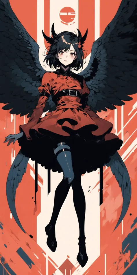 a woman in a red dress with wings and a demon head