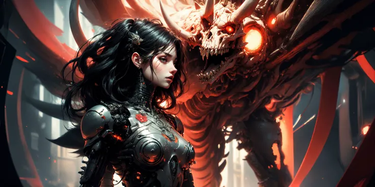 masterpiece, best quality,(fractale_art:1.4),<lora:GPTS6 Hella-sthetic_424353:1>,(Kerberos:1.3) ,fang,(black long hair:1.2),8K, fire ,red, flame,flame,explosion, , highly detailed, a beautiful ultra detailed of a beautiful profile, biomechanical cyborg,deamon cyborg woman with all ruby red dress, fantasy,, fantasy, intricate, elegant, highly detailed, , sharp focus, red black hole, (red theme:1), MCSkin complex 3d render ultra detailed of a beautiful profile, biomechanical cyborg, beautiful natural soft rim light, , colorful details, , pearl earring, piercing, art nouveau fashion embroidered, intricate details, mesh wire, mandelbrot fractal, anatomical, facial muscles, cable wires, microchip, badass, hyper realistic, ultra detailed, octane render, volumetric lighting, 8k post-production, red and white with a bit of black, detailled metalic bones, semi human, iridescent colors, Glenn Brown style, black room,<lora:add_detail:.6>