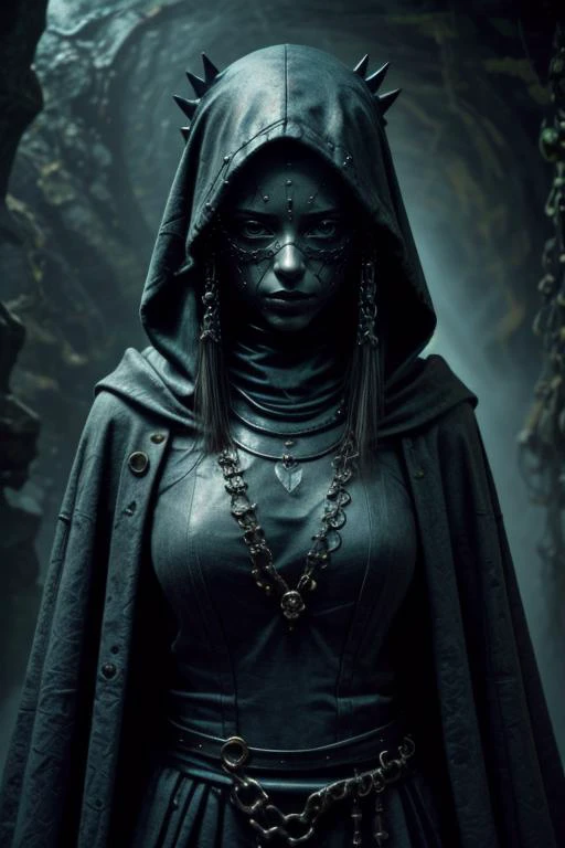 1girl,cowboy shot,at distance,<lora:dungeon v1:0.7>,dungeon-background,dungeon,underground,stone wall,moss,<lora:cultiste:0.7>,cloak,hood up,robe,jewelry,chain,spike,<lora:Concept_-_Hella-sthetic_v2:0.7>,ceramic mask,, intricate, elegant, highly detailed, symmetry, magical atmosphere, sharp focus, majestic, very coherent, radiant, advanced, cinematic, artistic, fine detail, winning, beautiful, stunning, dramatic light, designed, rich deep colors, perfect professional background, ambient, tailored set composition