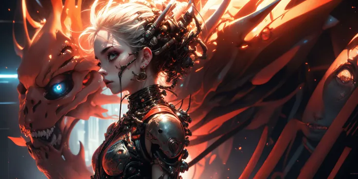 masterpiece, best quality,(fractale_art:1.4),<lora:GPTS6 Hella-sthetic_424353:1>,(Kerberos:1.3) ,fang,(black long hair:1.2),8K, fire ,red, flame,flame,explosion, , highly detailed, a beautiful ultra detailed of a beautiful profile, biomechanical cyborg,deamon cyborg woman with all ruby red dress, fantasy,, fantasy, intricate, elegant, highly detailed, , sharp focus, red black hole, (red theme:1), MCSkin complex 3d render ultra detailed of a beautiful profile, biomechanical cyborg, beautiful natural soft rim light, , colorful details, , pearl earring, piercing, art nouveau fashion embroidered, intricate details, mesh wire, mandelbrot fractal, anatomical, facial muscles, cable wires, microchip, badass, hyper realistic, ultra detailed, octane render, volumetric lighting, 8k post-production, red and white with a bit of black, detailled metalic bones, semi human, iridescent colors, Glenn Brown style, black room,