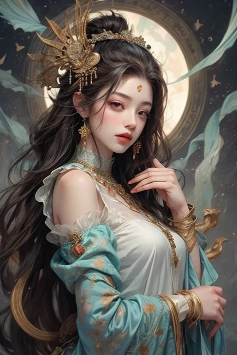 (NSFW:1)single girl with single face, In an enchanting setting, an oil painting (1.5) captures a dynamic scene, where a confident girl (1girl) leans against a dreamy background infused with elements of Chinese aesthetics. The backdrop, adorned with mesmerizing Ambilight colors, exudes a touch of China's charm. The dynamic brushwork (1.5) brings her form to life, while the double-exposure background weaves an ethereal atmosphere. Vivid splashes and lively brushstrokes add an artistic flair.
Limited colors burst forth on an ultra-detailed 8k unity wallpaper, seamlessly incorporating elements of Chinese culture, complemented by zentangle and mandala motifs that blend harmoniously with fractal art (1.3). The dynamic angle presents an elegant dance of chaos against a dreamlike atmospheric brutalist design background.
A symphony of renowned artists like James Jean, Roby Dwi Antono, and Ross Tran contributes to an ecstatic musical notes ambiance. Floating colorful sparkles (1) illuminate her glowing skin against the cosmic backdrop, creating a tranquil mosaic reminiscent of blue and green jellyfish (1.4) amidst the photorealistic (1.4) depths.
<lora:anxiang:0.31><lora:GPTS6:0.5>  <lora:add_detail:1>