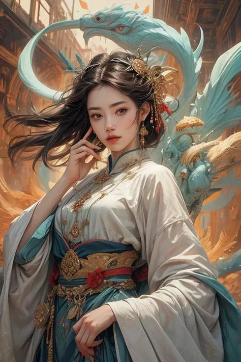 (NSFW:1)single girl with single face, In an enchanting setting, an oil painting (1.5) captures a dynamic scene, where a confident girl (1girl) leans against a dreamy background infused with elements of Chinese aesthetics. The backdrop, adorned with mesmerizing Ambilight colors, exudes a touch of China's charm. The dynamic brushwork (1.5) brings her form to life, while the double-exposure background weaves an ethereal atmosphere. Vivid splashes and lively brushstrokes add an artistic flair.
Limited colors burst forth on an ultra-detailed 8k unity wallpaper, seamlessly incorporating elements of Chinese culture, complemented by zentangle and mandala motifs that blend harmoniously with fractal art (1.3). The dynamic angle presents an elegant dance of chaos against a dreamlike atmospheric brutalist design background.
A symphony of renowned artists like James Jean, Roby Dwi Antono, and Ross Tran contributes to an ecstatic musical notes ambiance. Floating colorful sparkles (1) illuminate her glowing skin against the cosmic backdrop, creating a tranquil mosaic reminiscent of blue and green jellyfish (1.4) amidst the photorealistic (1.4) depths.
<lora:anxiang:0.31><lora:GPTS6:0.5>  <lora:add_detail:1>