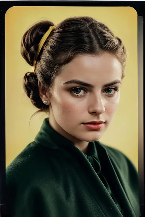 photo of (ibrgmn:0.99), a beautiful woman, (closeup portrait), perfect hair upsweep updo, (vintage photo, Kelly Green Oversized cape coat in a checkered pattern for a sophisticated and trendy style), 24mm, ((tintype)), (analog, cinematic, film grain:1.3), ((plain Yellow Green background, gradient:1.2)), detailed eyes, (seductive pose), (epicPhoto), (looking at viewer), (cinematic shot:1.3)